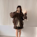 Womens PU Leather Jacket Loose Fit Long Sleeve