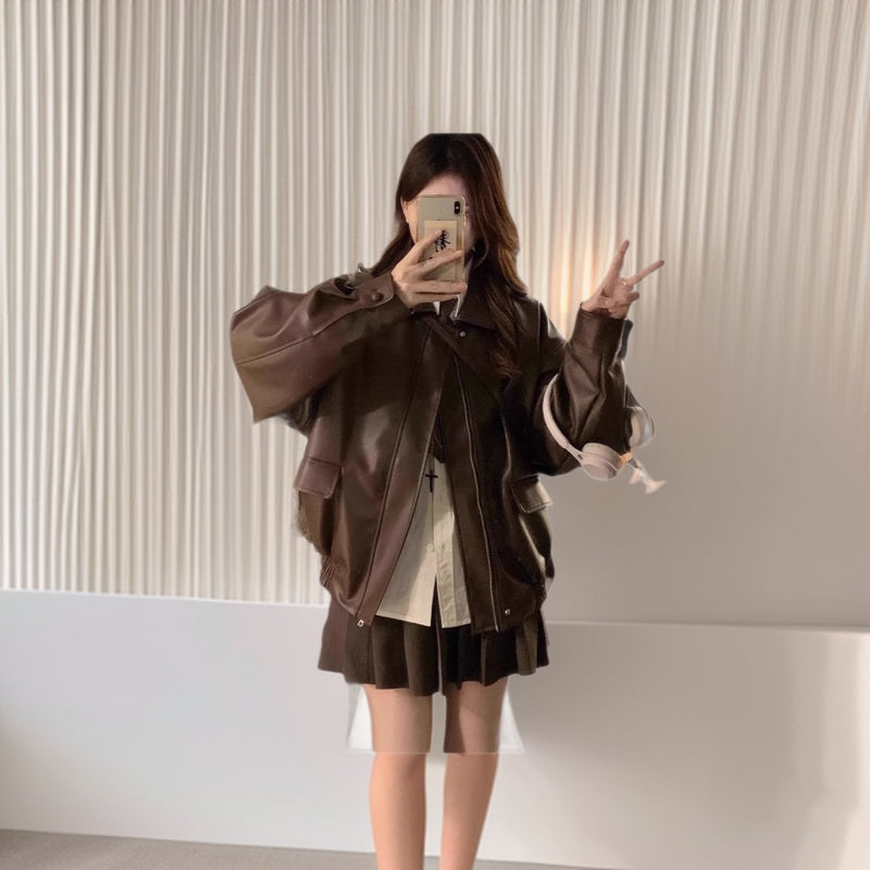 Womens PU Leather Jacket Loose Fit Long Sleeve