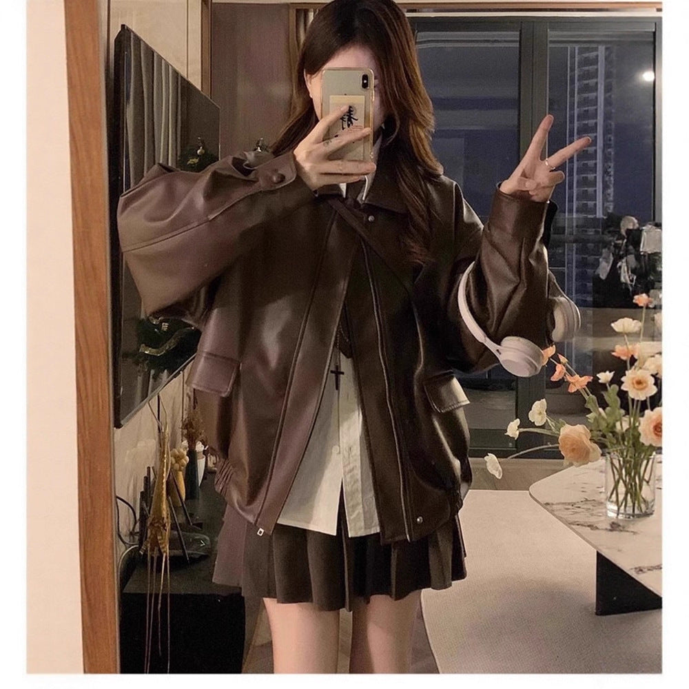 Womens PU Leather Jacket Loose Fit Long Sleeve