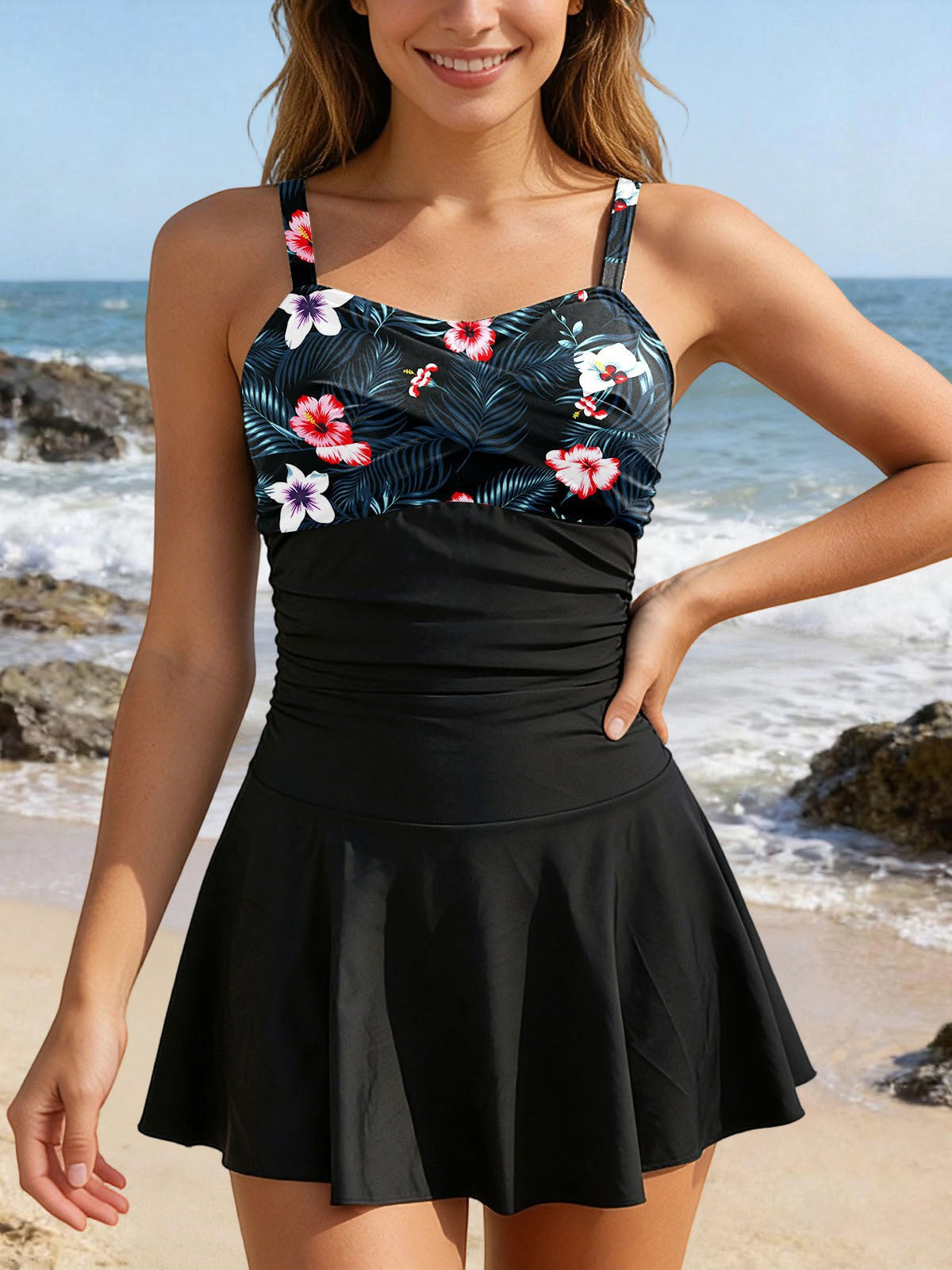 Women's One-Piece Swimsuit with Floral Print and Adjustable Straps