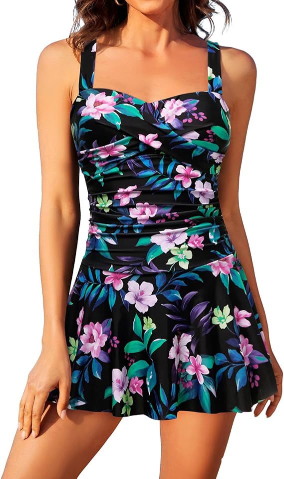 Women's One-Piece Swimsuit with Floral Print and Adjustable Straps