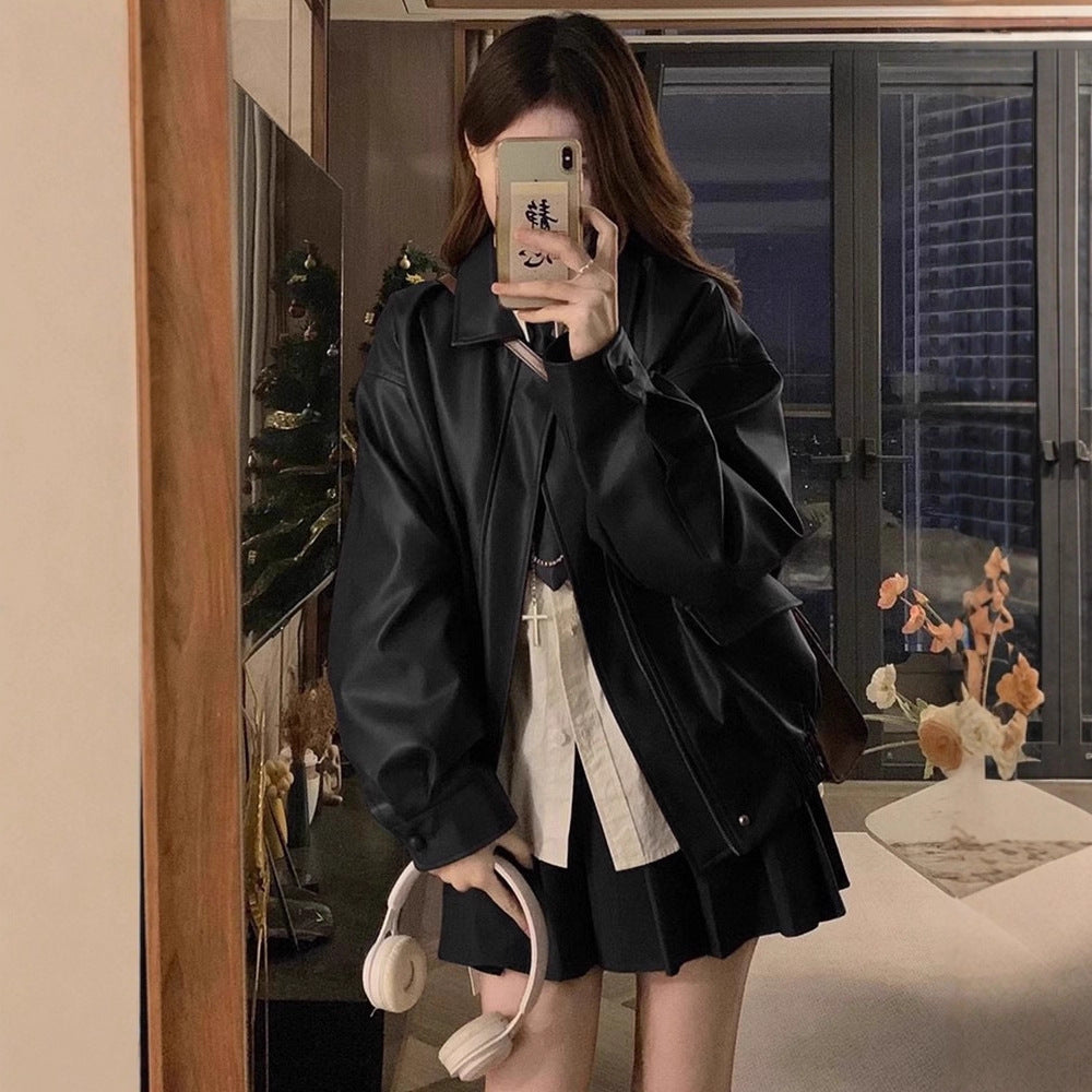 Womens PU Leather Jacket Loose Fit Long Sleeve